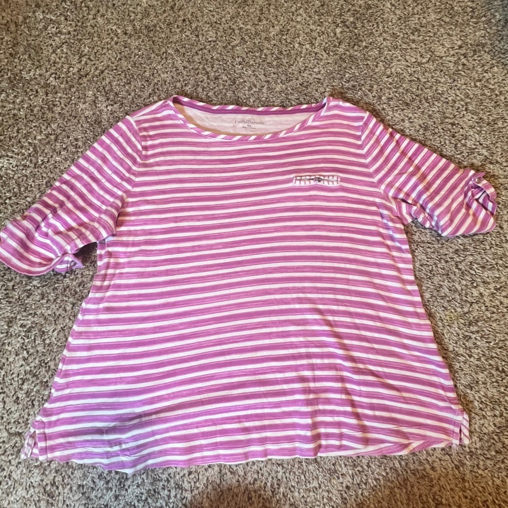 Croft & Barrow Womens XL Purple White Striped 100% Cotton Roll Tab Sleeve Top